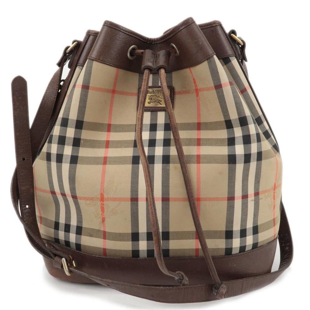 Burberry Beige, Brown & Red Check Drawstring Bucket Shoulder Bag